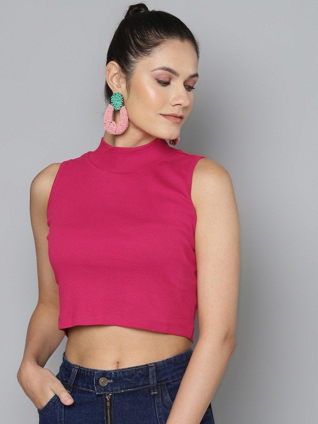 Women's Fuchsia High Neck Crop Top - SASSAFRAS - Indiakreations