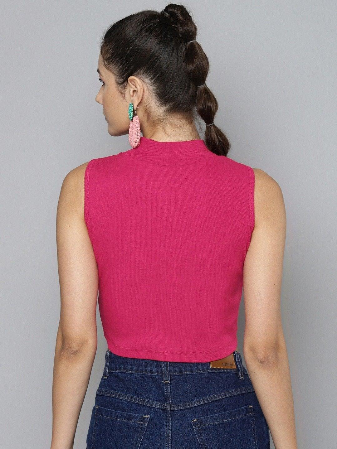 Women's Fuchsia High Neck Crop Top - SASSAFRAS - Indiakreations