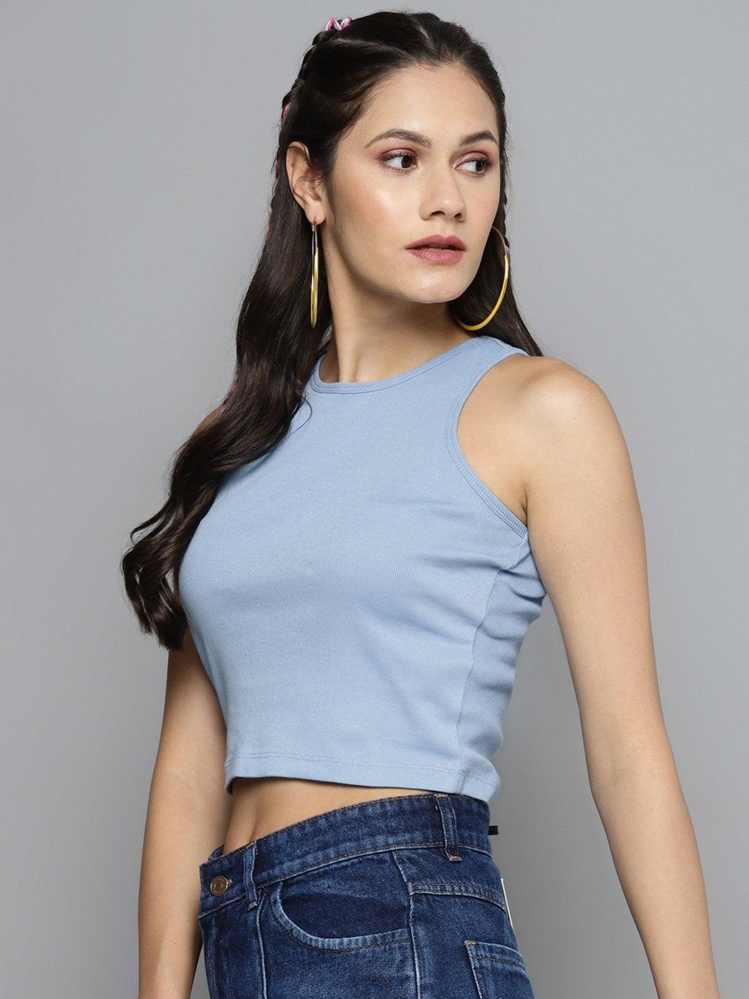 Women's Blue Box Back Crop Top - SASSAFRAS - Indiakreations