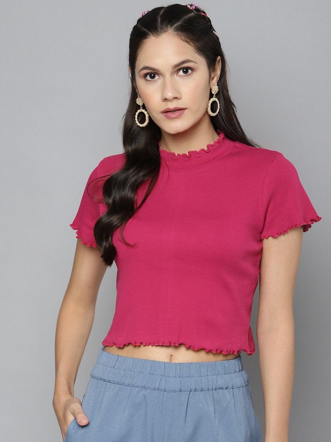 Women's Fuchsia High Neck Regular Top - SASSAFRAS - Indiakreations