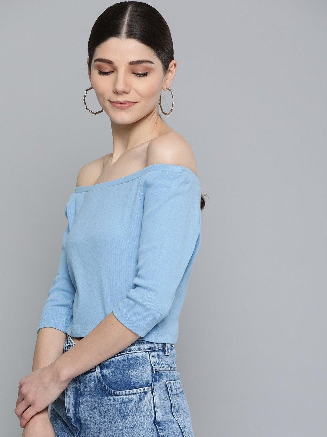 Women's Blue Bardot Crop Top - SASSAFRAS - Indiakreations