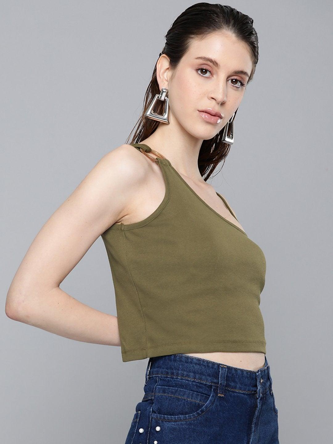 Women's Olive One Shoulder Strappy Top - SASSAFRAS - Indiakreations