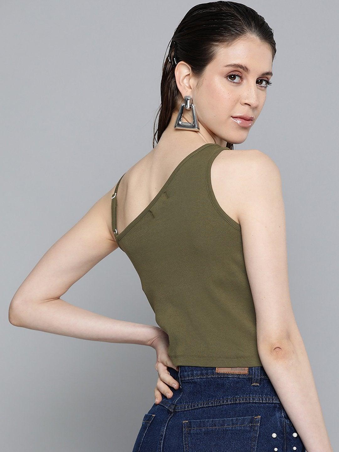 Women's Olive One Shoulder Strappy Top - SASSAFRAS - Indiakreations