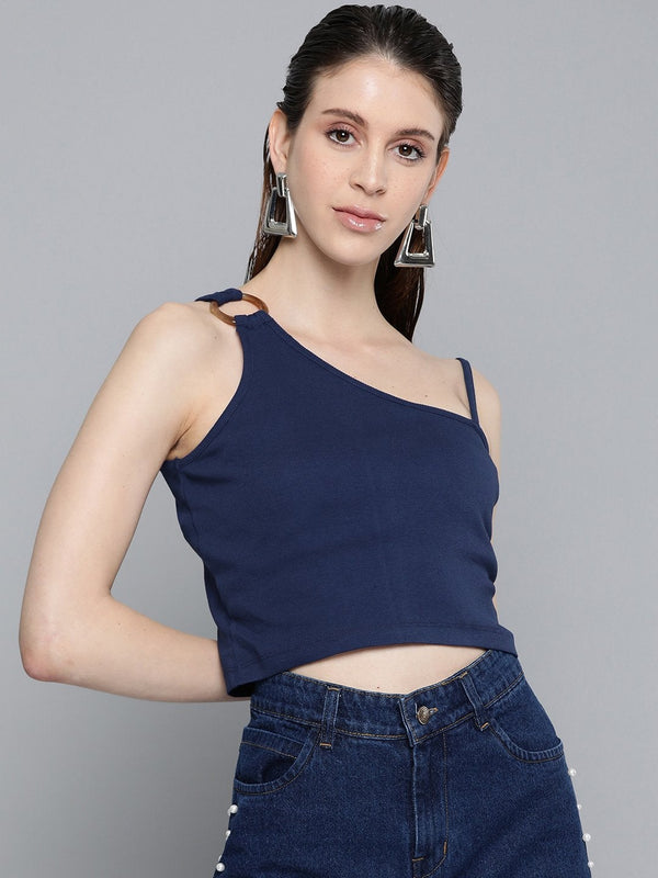 Women's Navy One Shoulder Strappy Top - SASSAFRAS