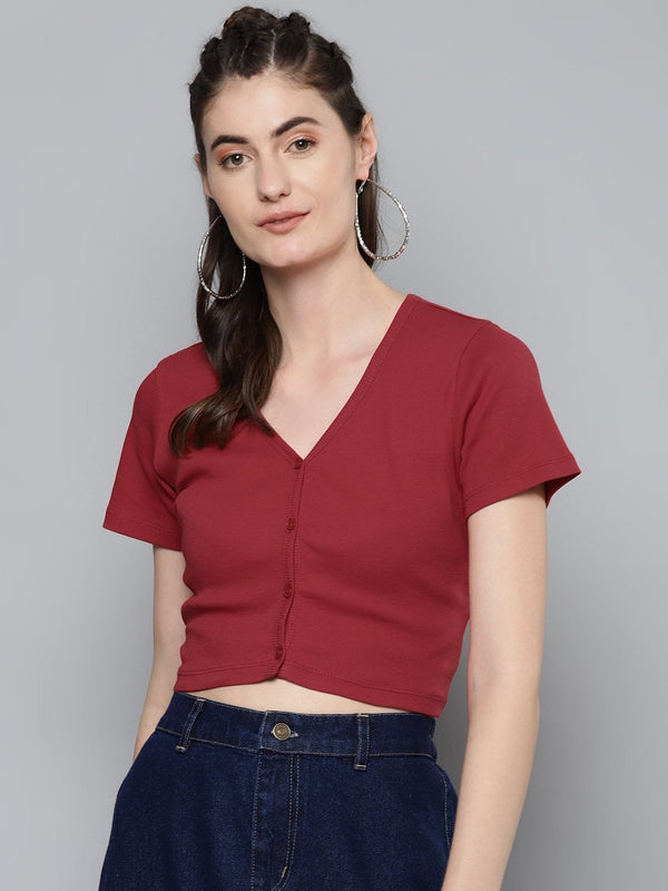 Women's Red Front Button Crop Top - SASSAFRAS