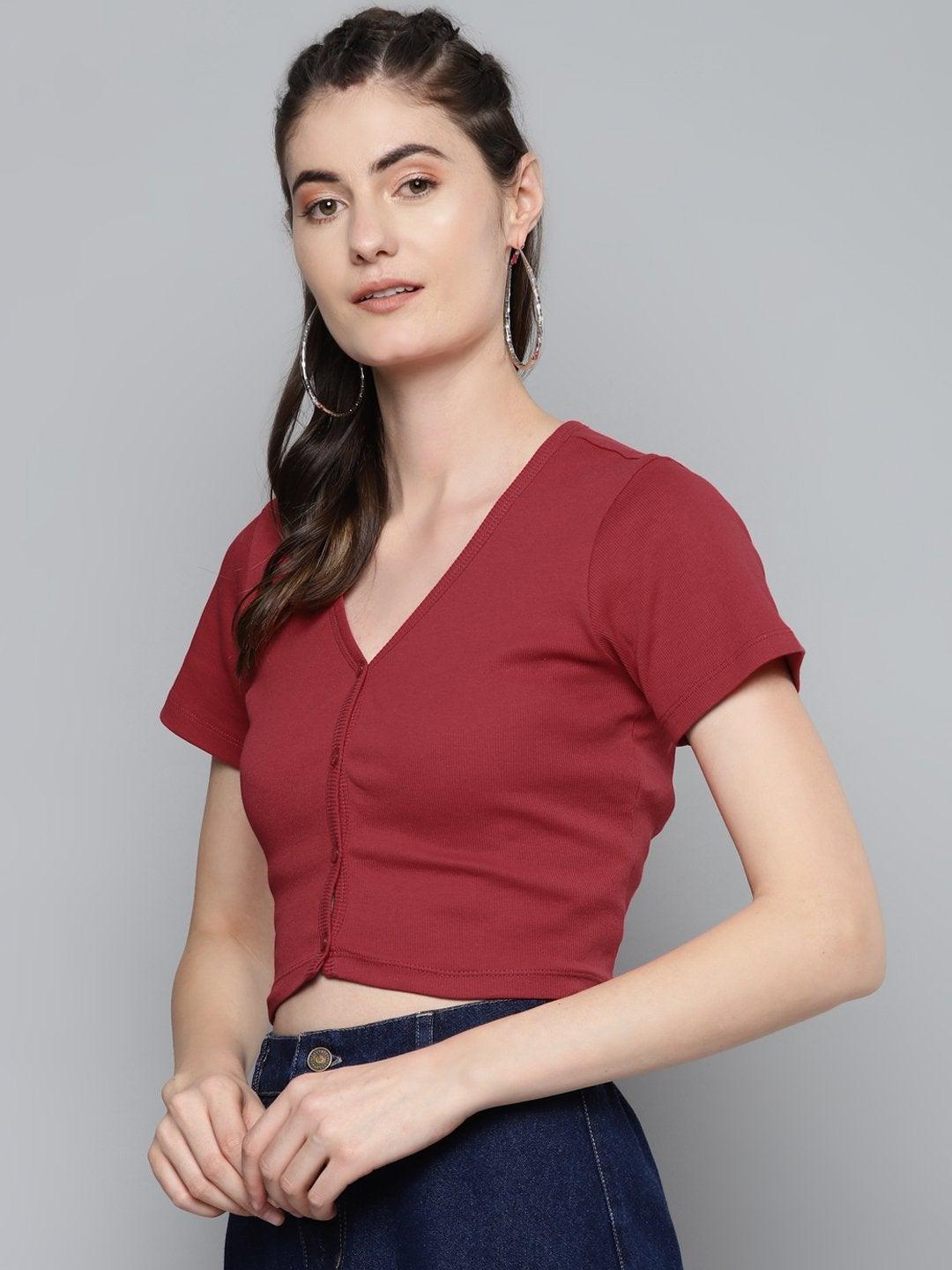 Women's Red Front Button Crop Top - SASSAFRAS - Indiakreations