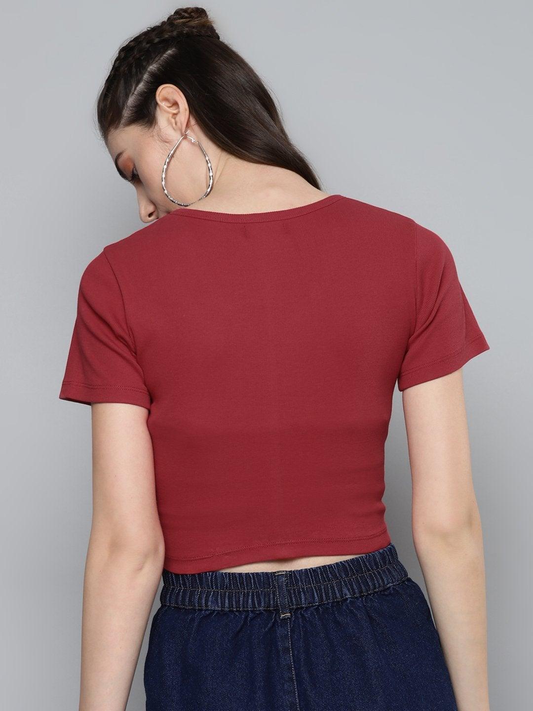 Women's Red Front Button Crop Top - SASSAFRAS - Indiakreations