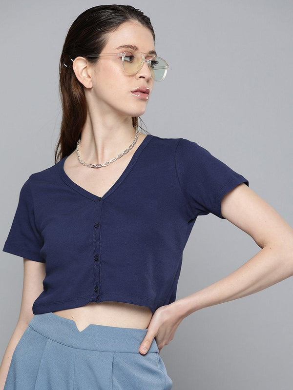 Women's Navy Front Button Crop Top - SASSAFRAS - Indiakreations