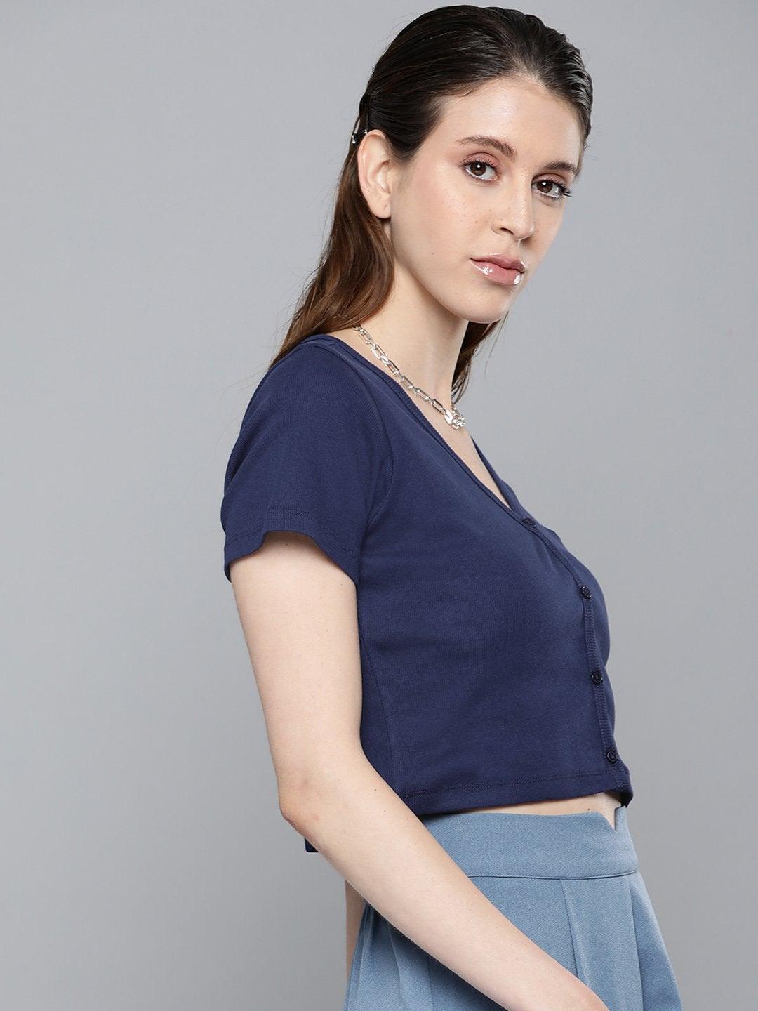 Women's Navy Front Button Crop Top - SASSAFRAS - Indiakreations