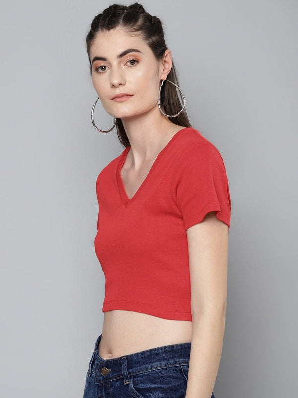 Women's Red V-Neck Crop Top - SASSAFRAS