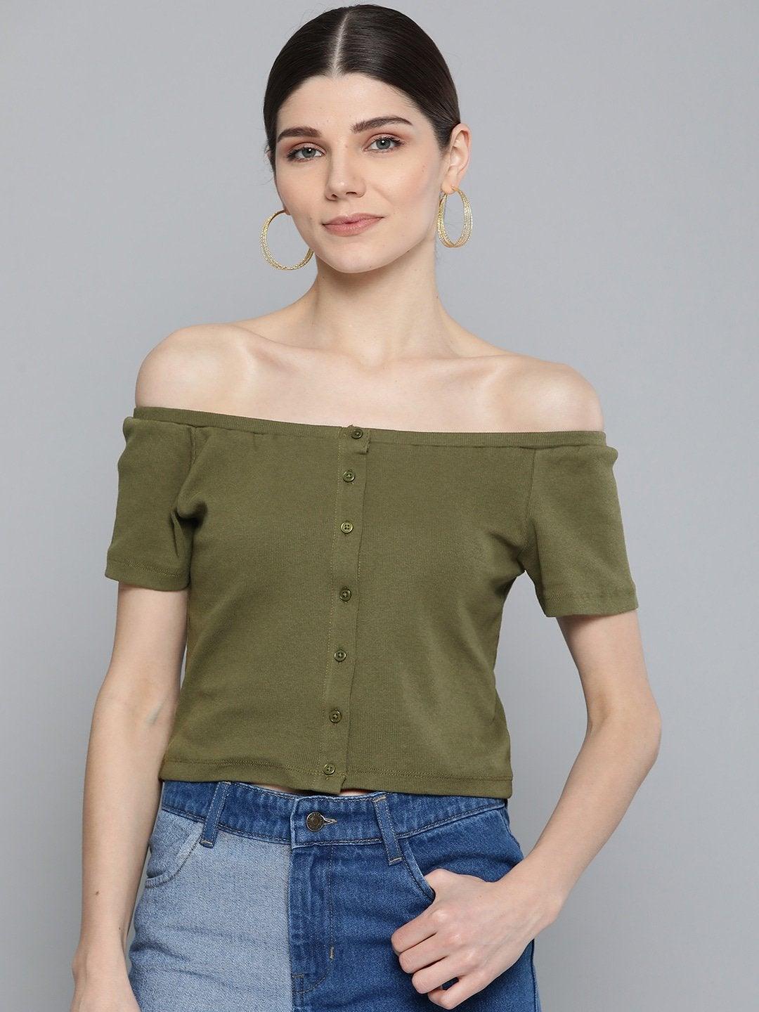 Women's Olive Front Button Bardot Crop Top - SASSAFRAS - Indiakreations