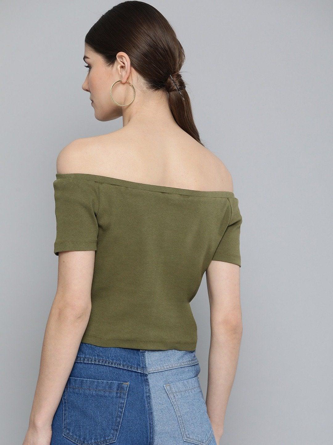 Women's Olive Front Button Bardot Crop Top - SASSAFRAS - Indiakreations