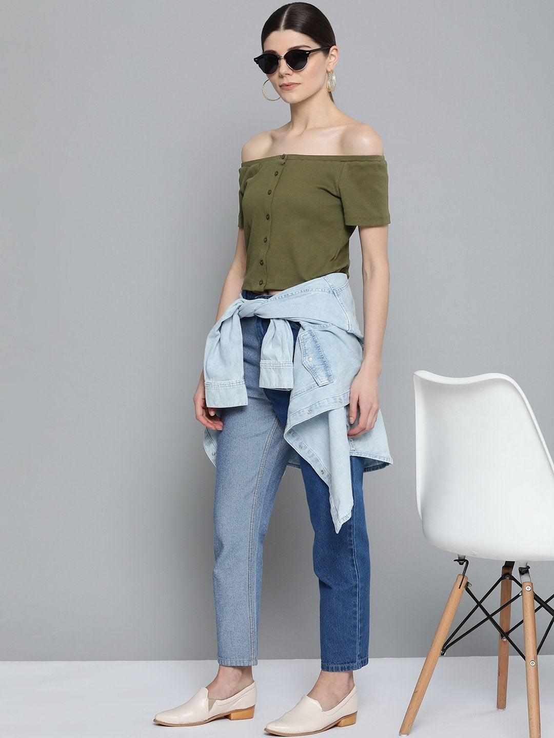 Women's Olive Front Button Bardot Crop Top - SASSAFRAS - Indiakreations