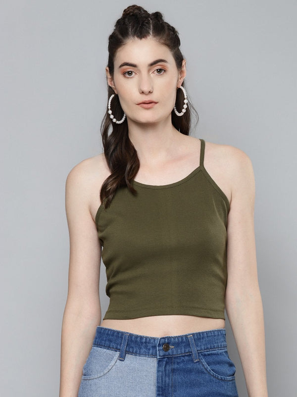 Women's Olive Strappy Box Back Crop Top - SASSAFRAS