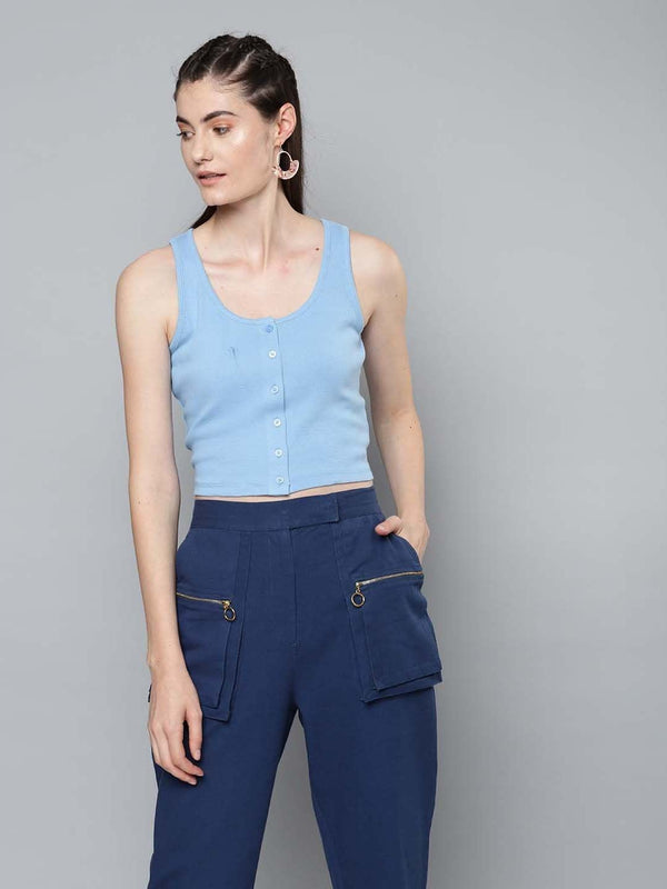 Women's Blue Front Button Sleeveless Crop Top - SASSAFRAS