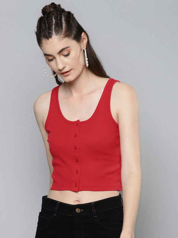 Women's Red Front Button Sleeveless Crop Top - SASSAFRAS