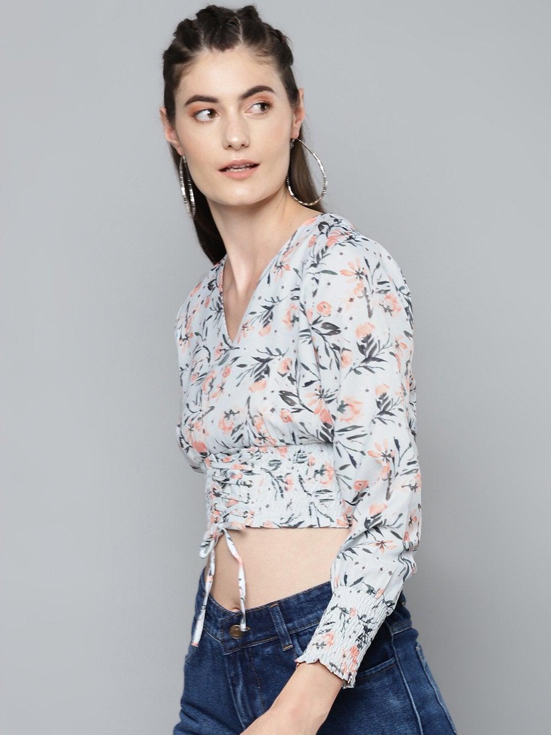 Women's White Floral Criss Cross Detail Top - SASSAFRAS - Indiakreations