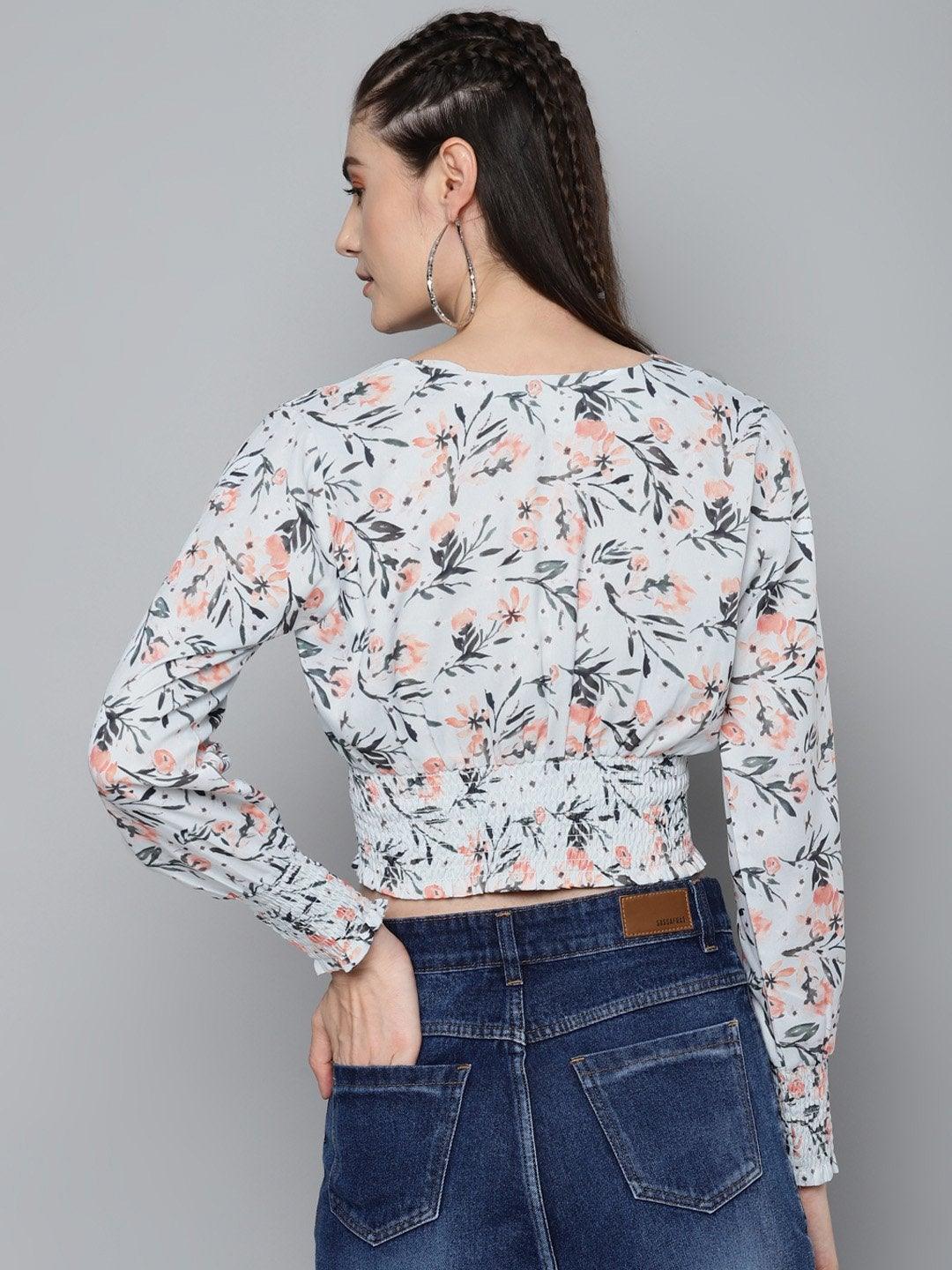 Women's White Floral Criss Cross Detail Top - SASSAFRAS - Indiakreations