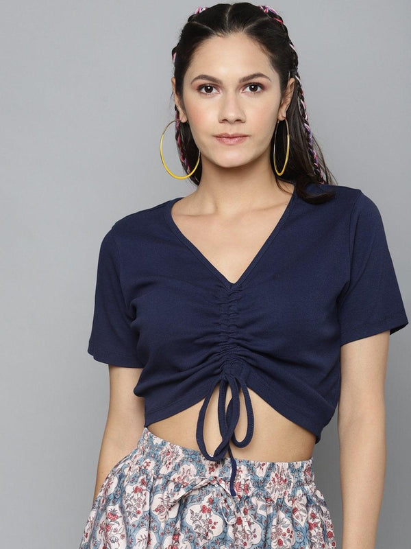 Women's Navy Rouched Crop Top - SASSAFRAS - Indiakreations