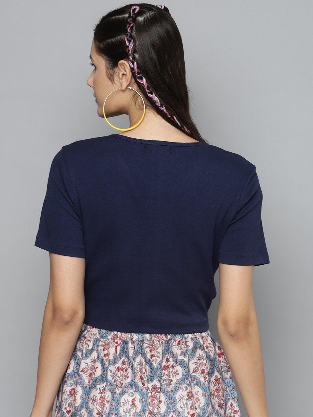 Women's Navy Rouched Crop Top - SASSAFRAS - Indiakreations