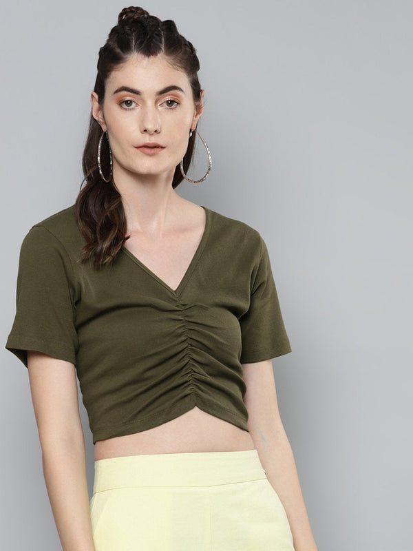 Women's Olive Gathe Detail Crop Top - SASSAFRAS