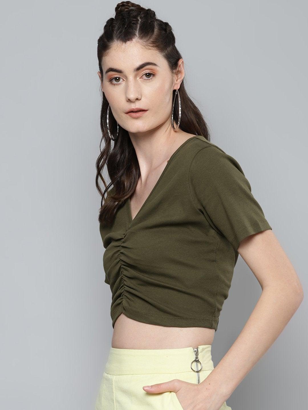 Women's Olive Gathe Detail Crop Top - SASSAFRAS - Indiakreations