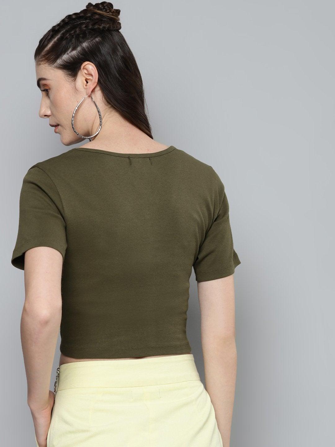 Women's Olive Gathe Detail Crop Top - SASSAFRAS - Indiakreations