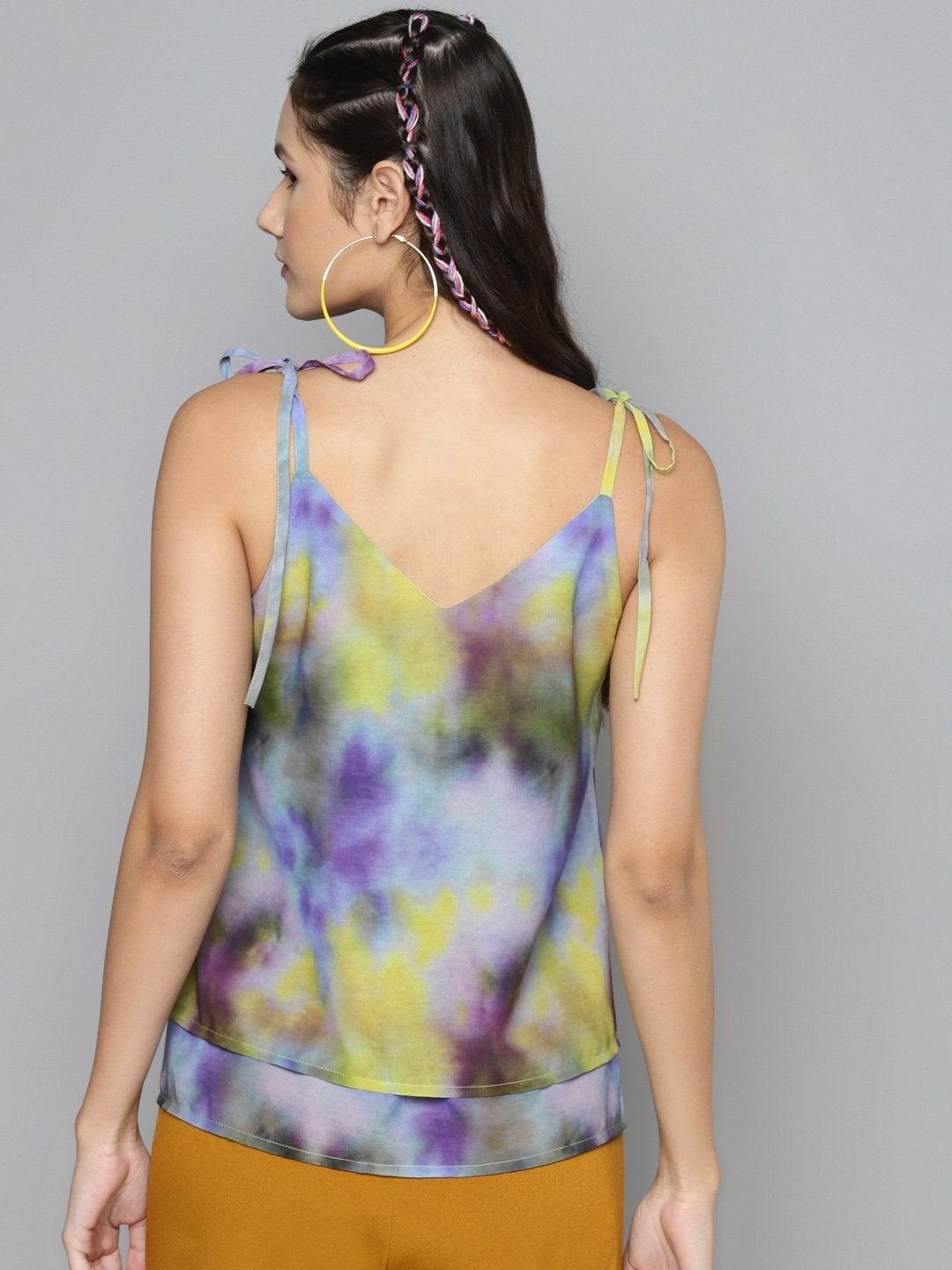 Women's Yellow & Purple Tie-Dye Strappy Top - SASSAFRAS - Indiakreations