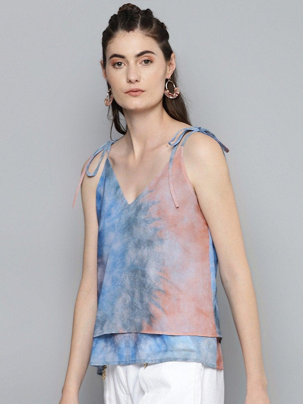 Women's Blue & Brown Tie-Dye Print Strappy Top - SASSAFRAS - Indiakreations