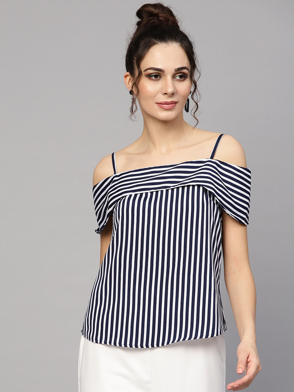 Women's Navy Striped Off Shoulder Layered Strap Top - SASSAFRAS