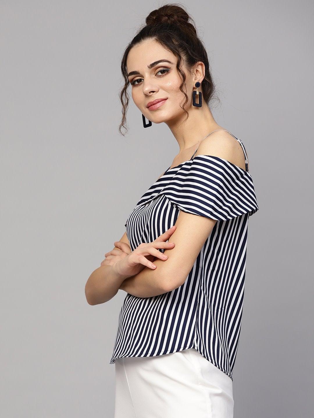 Women's Navy Striped Off Shoulder Layered Strap Top - SASSAFRAS - Indiakreations