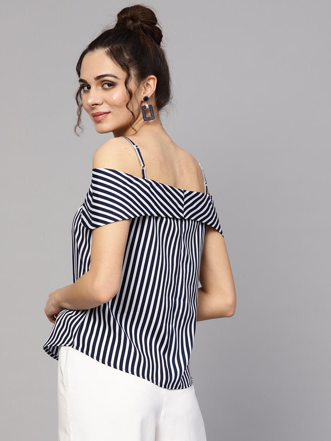 Women's Navy Striped Off Shoulder Layered Strap Top - SASSAFRAS - Indiakreations