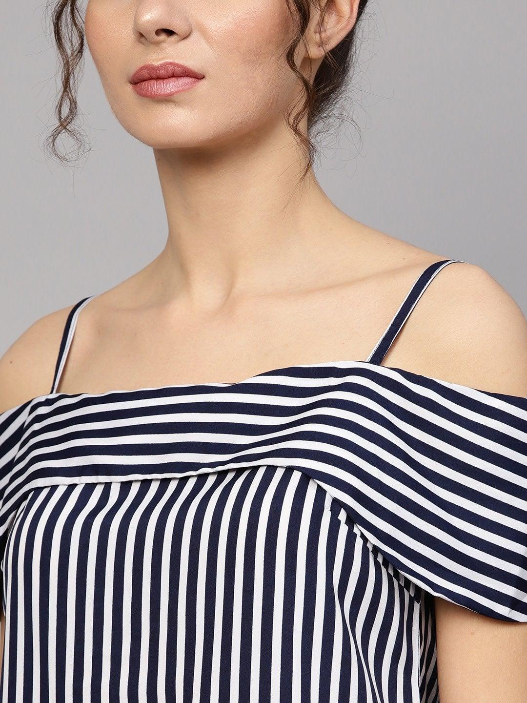 Women's Navy Striped Off Shoulder Layered Strap Top - SASSAFRAS - Indiakreations