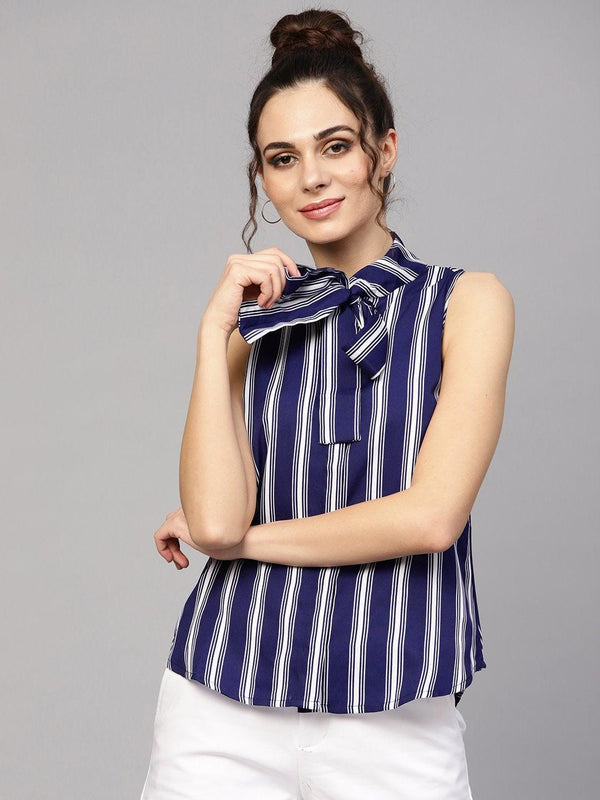 Women's Navy & White Stripes Neck Tie Top - SASSAFRAS - Indiakreations