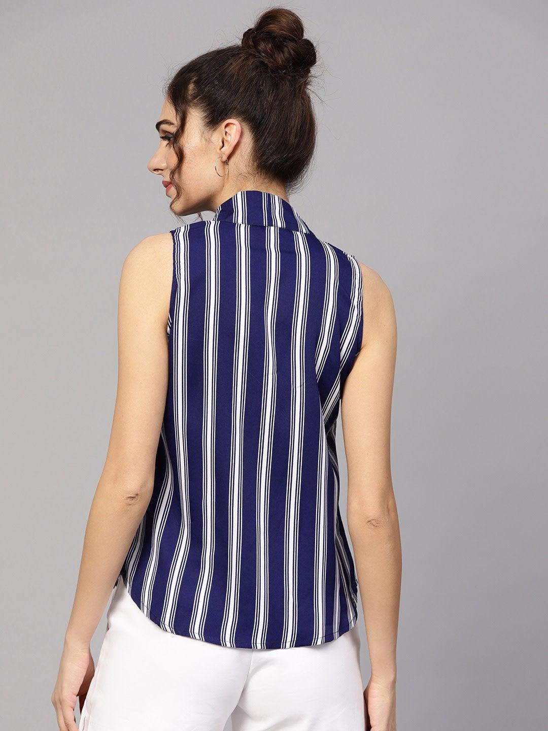 Women's Navy & White Stripes Neck Tie Top - SASSAFRAS - Indiakreations