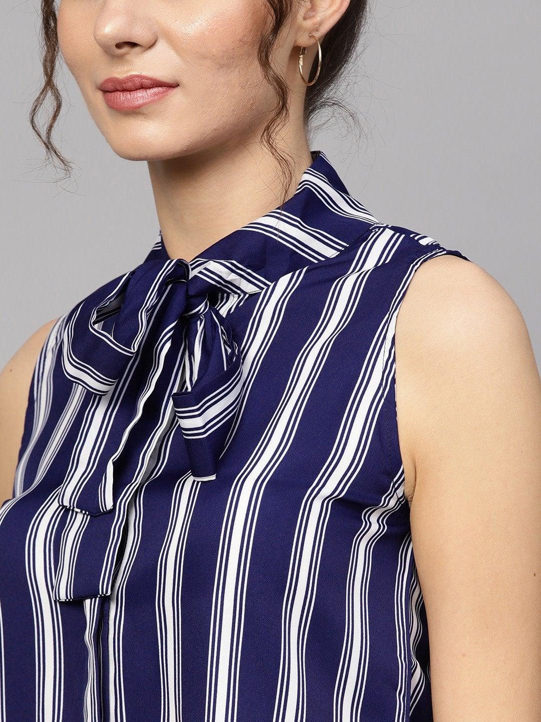 Women's Navy & White Stripes Neck Tie Top - SASSAFRAS - Indiakreations