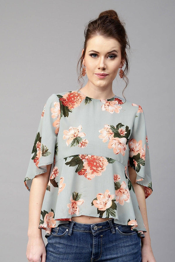 Women's Blue Floral Flared Sleeve Top - SASSAFRAS - Indiakreations