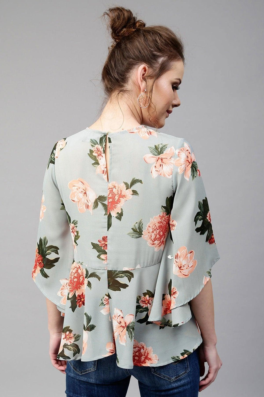 Women's Blue Floral Flared Sleeve Top - SASSAFRAS - Indiakreations