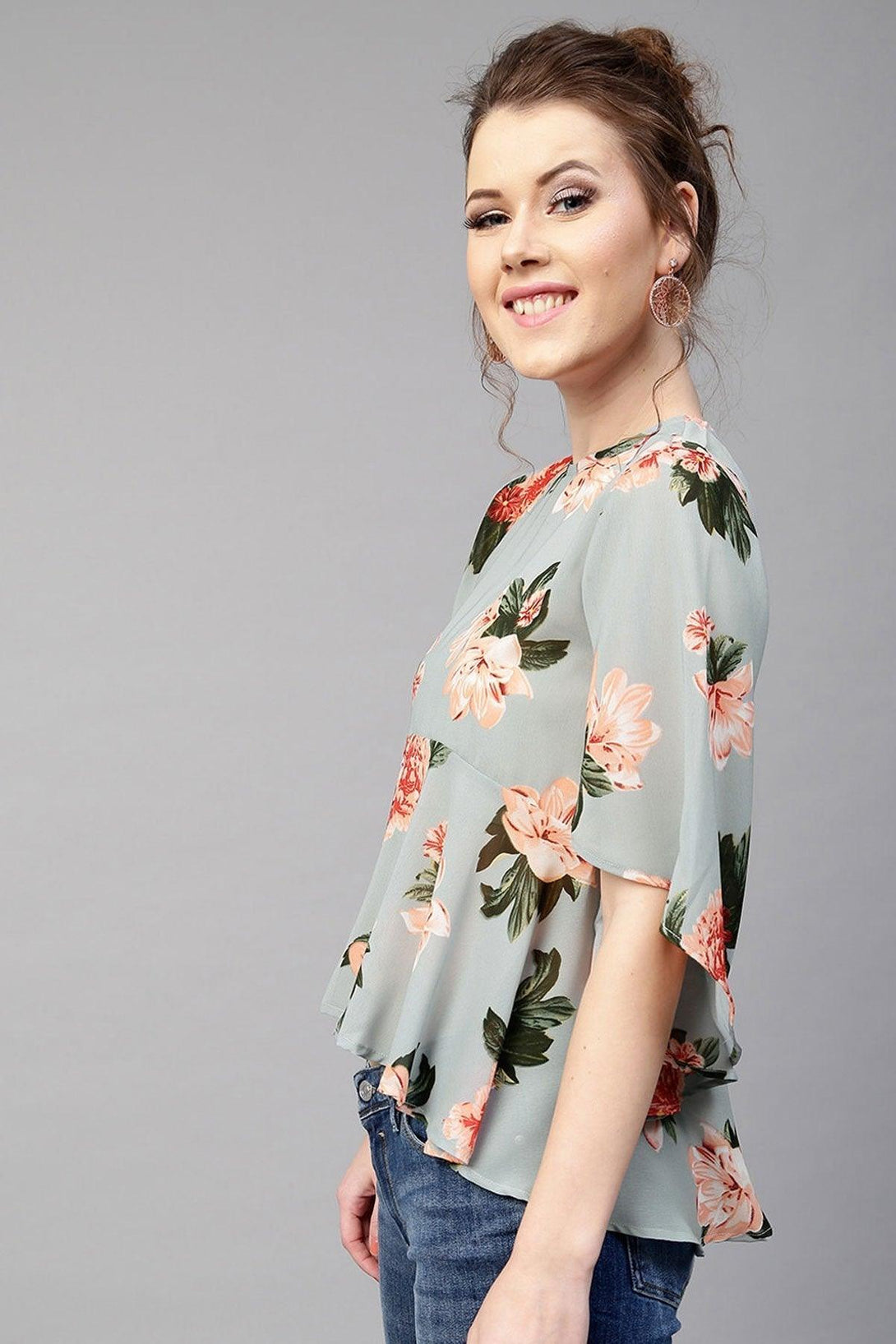 Women's Blue Floral Flared Sleeve Top - SASSAFRAS - Indiakreations