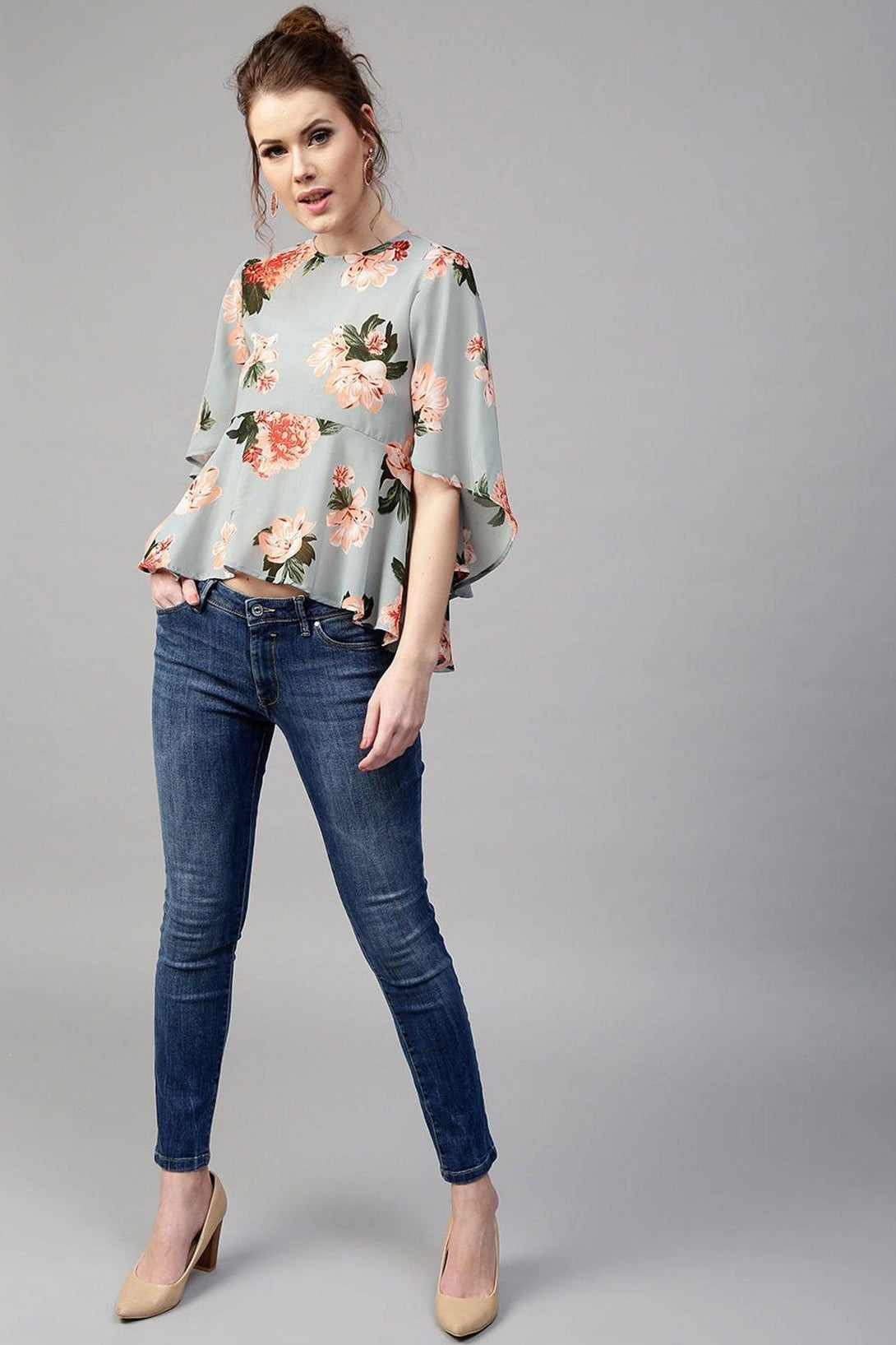 Women's Blue Floral Flared Sleeve Top - SASSAFRAS - Indiakreations