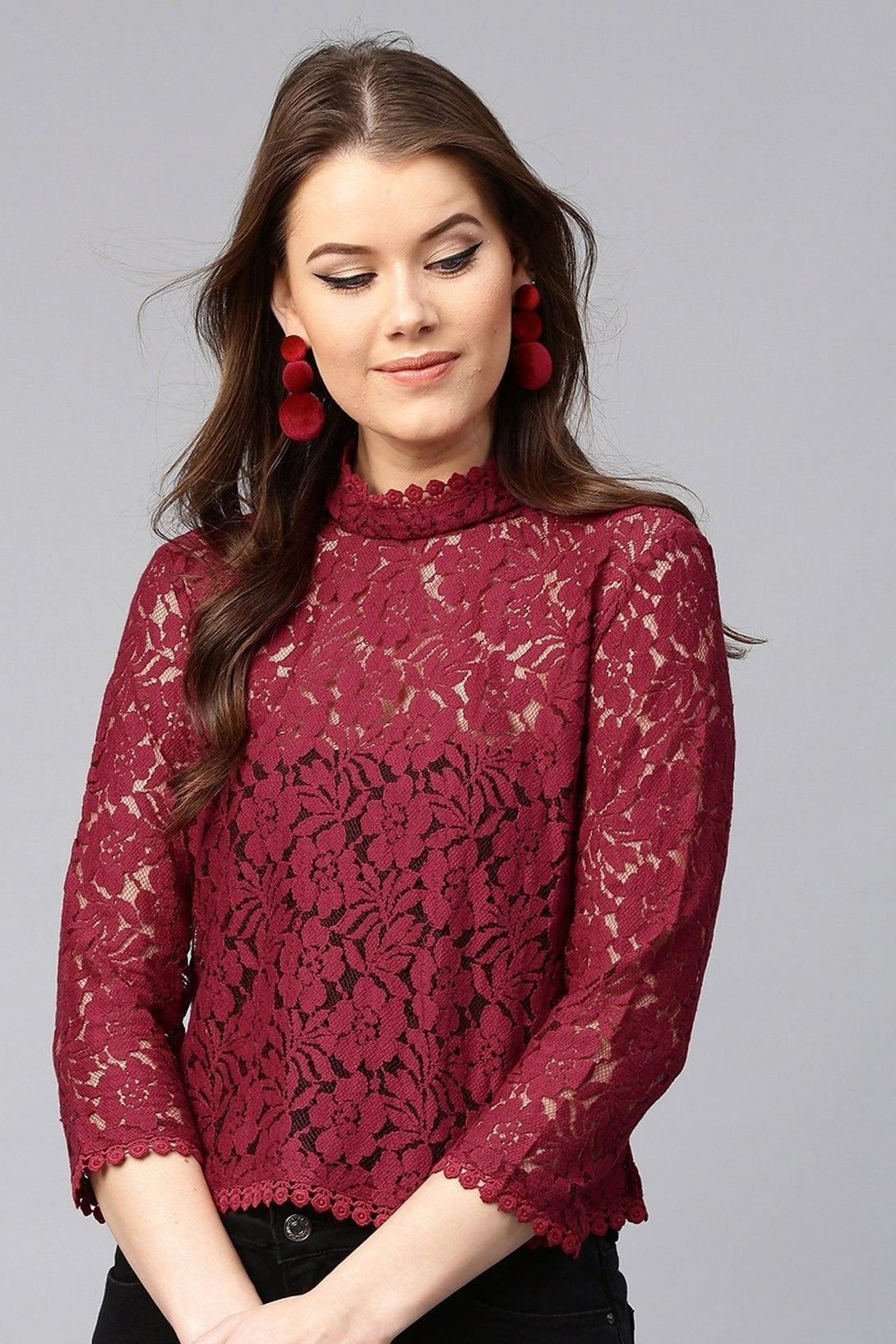 Women's Maroon Lace Back Zipper Top - SASSAFRAS - Indiakreations