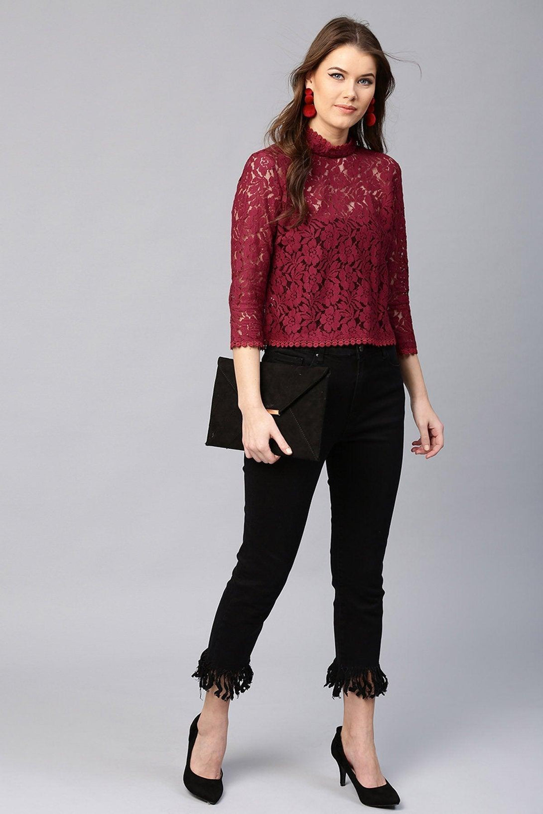 Women's Maroon Lace Back Zipper Top - SASSAFRAS - Indiakreations