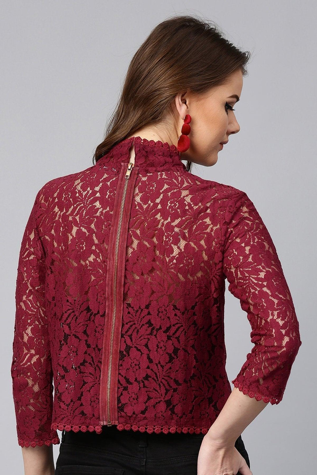 Women's Maroon Lace Back Zipper Top - SASSAFRAS - Indiakreations