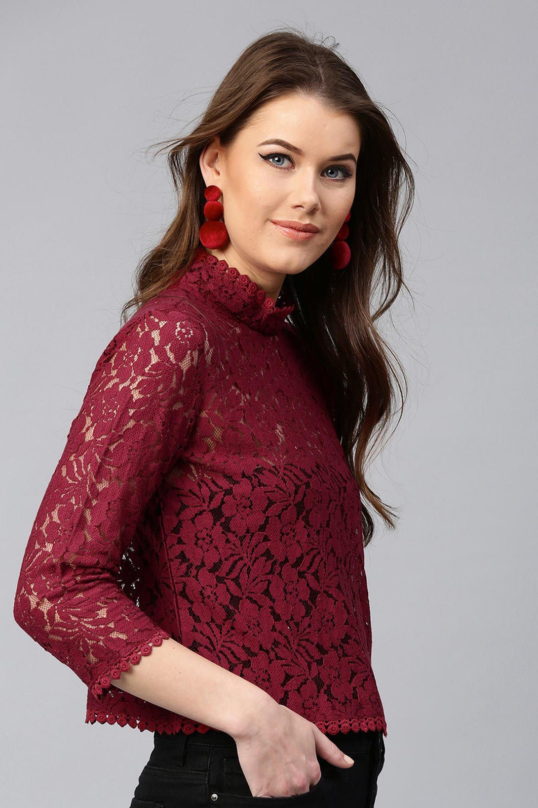 Women's Maroon Lace Back Zipper Top - SASSAFRAS - Indiakreations