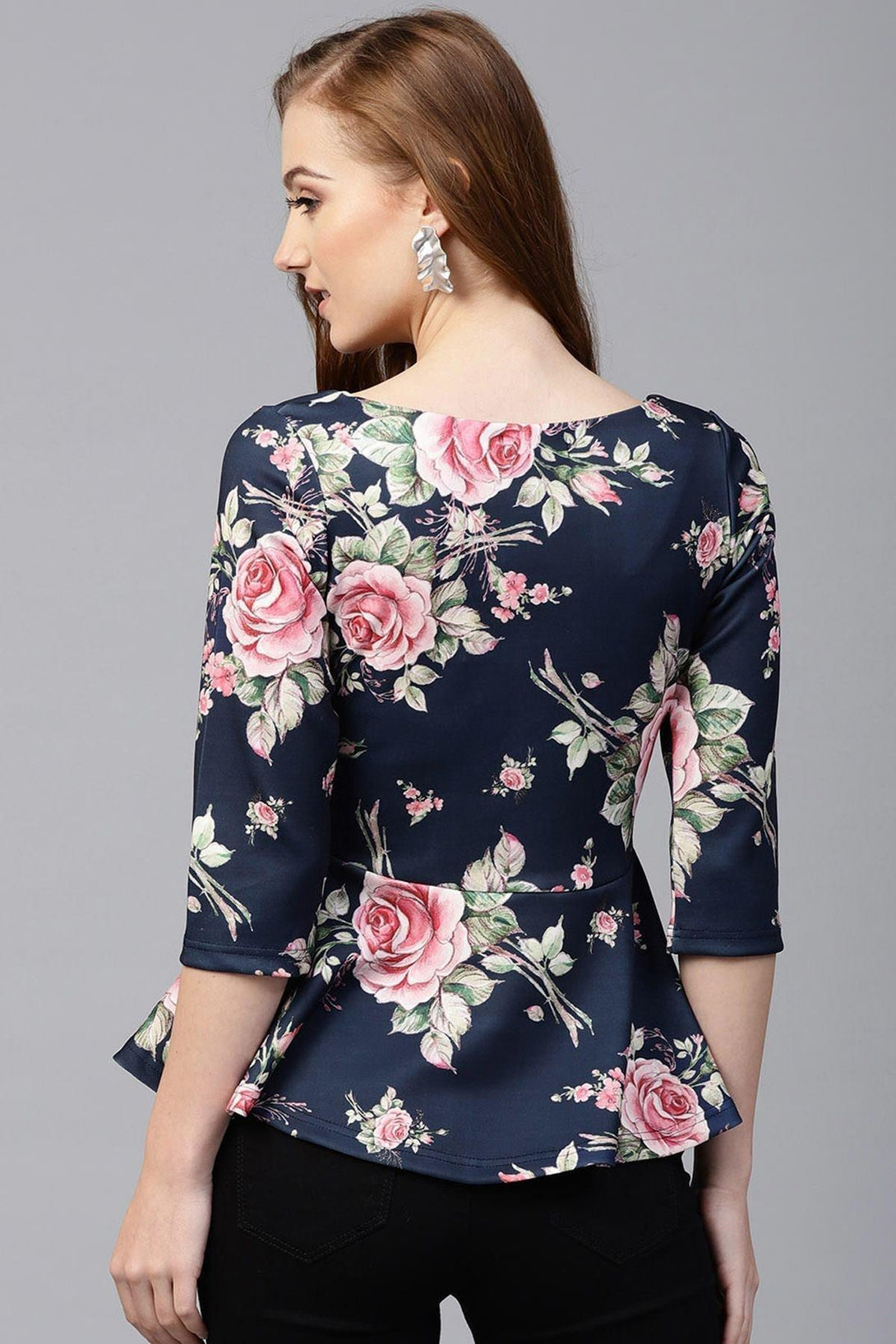 Women's Blue Floral Scuba Peplum Top - SASSAFRAS - Indiakreations