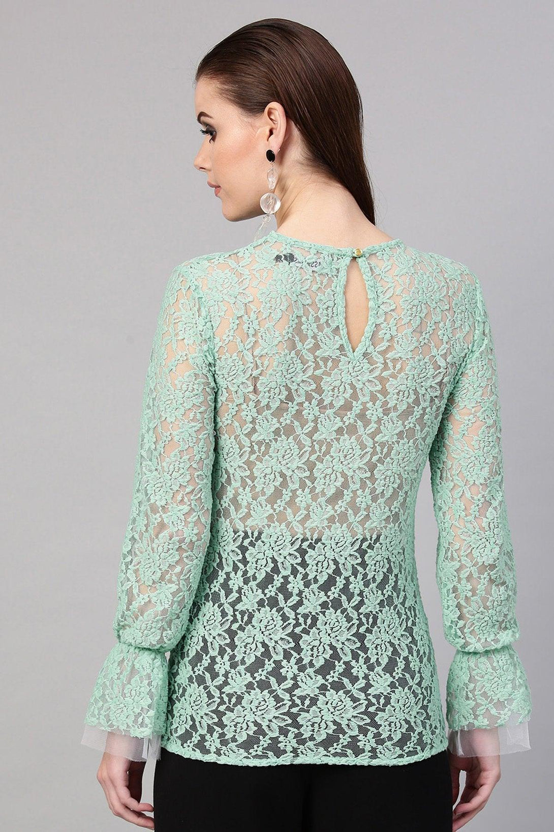 Women's Mint Blue Full Sleeves Lace Blouse - SHAE - Indiakreations