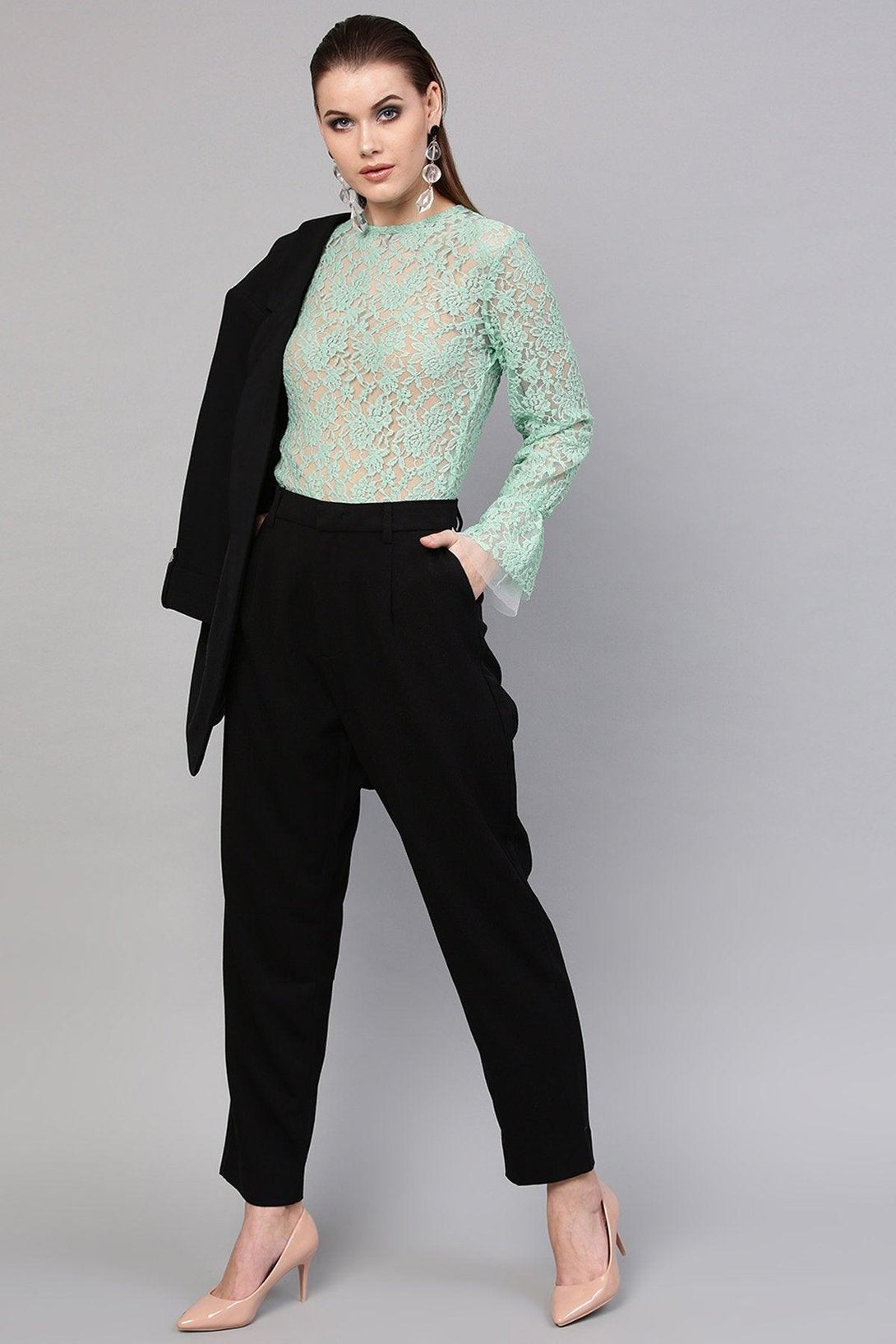 Women's Mint Blue Full Sleeves Lace Blouse - SHAE - Indiakreations