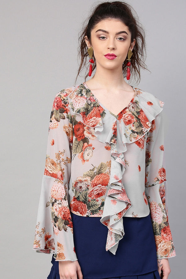 Women's Grey Floral Ruffled V-Neck Blouse - SHAE