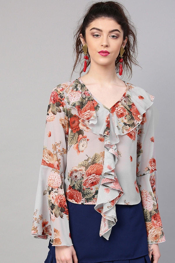 Women's Grey Floral Ruffled V-Neck Blouse - SHAE - Indiakreations