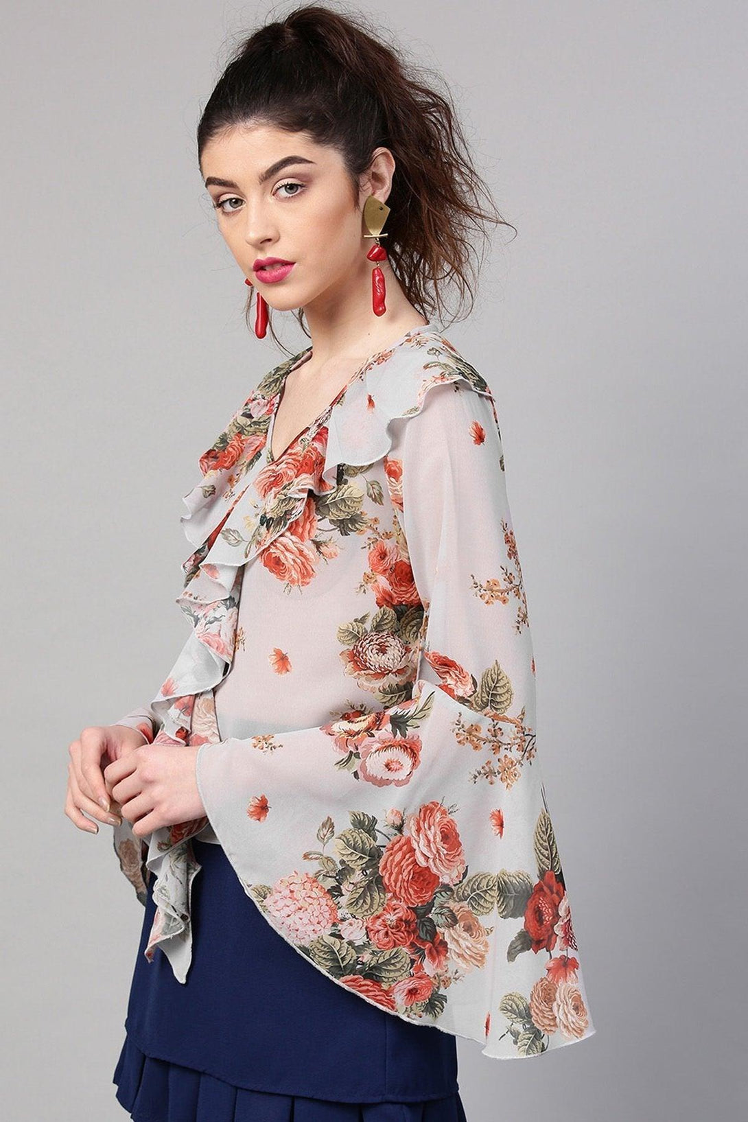 Women's Grey Floral Ruffled V-Neck Blouse - SHAE - Indiakreations